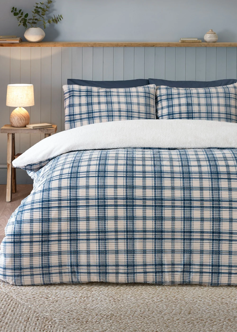 Catherine Lansfield Cosy Ribbed Check Duvet Cover Set Blue - Single Image 1
