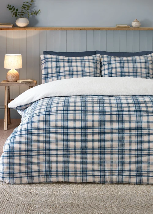 Catherine Lansfield Cosy Ribbed Check Duvet Cover Set Blue - Single Image 1