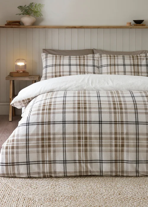 Catherine Lansfield Cosy Ribbed Check Duvet Cover Set Natural - Single Image 1