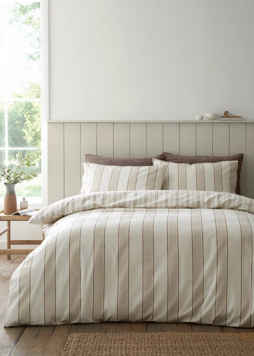 Bianca Fine Linens Brushed Regal Stripe Cotton Reversible Duvet Cover Set Natural - Single Image 1