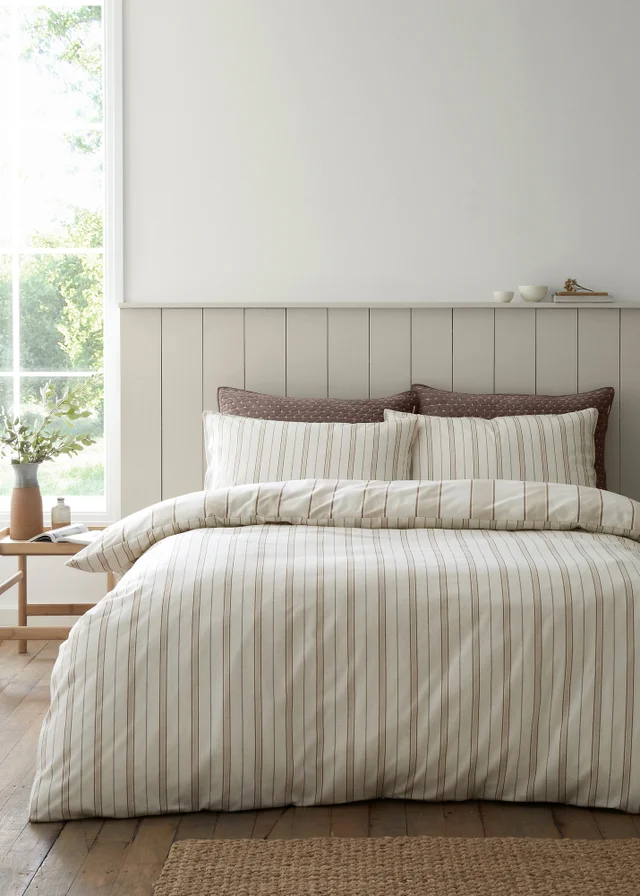 Bianca Fine Linens Brushed Regal Stripe Cotton Reversible Duvet Cover Set Natural