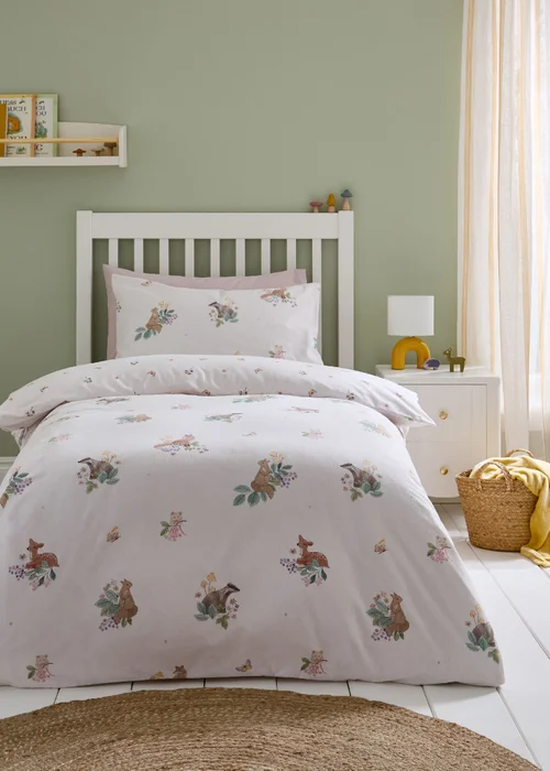 Catherine Lansfield Brushed Forest Friends Reversible Duvet Cover Set Cream - Junior Image 1