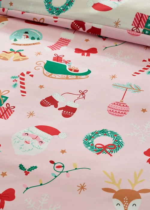 Catherine Lansfield Christmas Happy Holidays So Soft Reversible Duvet Cover Set Pink - Junior Image 4