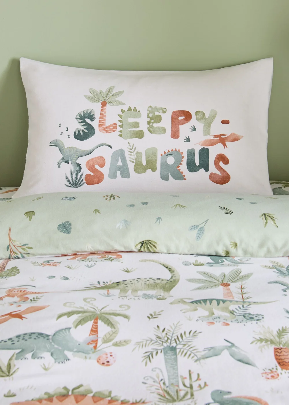 Catherine Lansfield Brushed Sleepy Saurus Dino Cotton Reversible Duvet Cover Set Cream - Junior Image 3