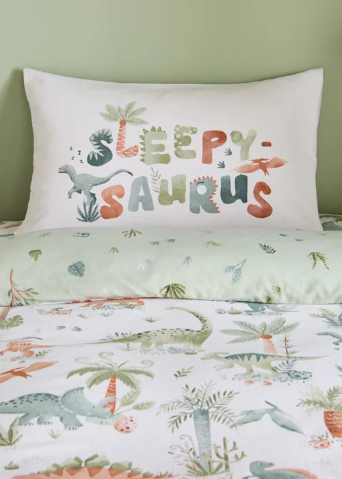 Catherine Lansfield Brushed Sleepy Saurus Dino Cotton Reversible Duvet Cover Set Cream - Junior Image 3