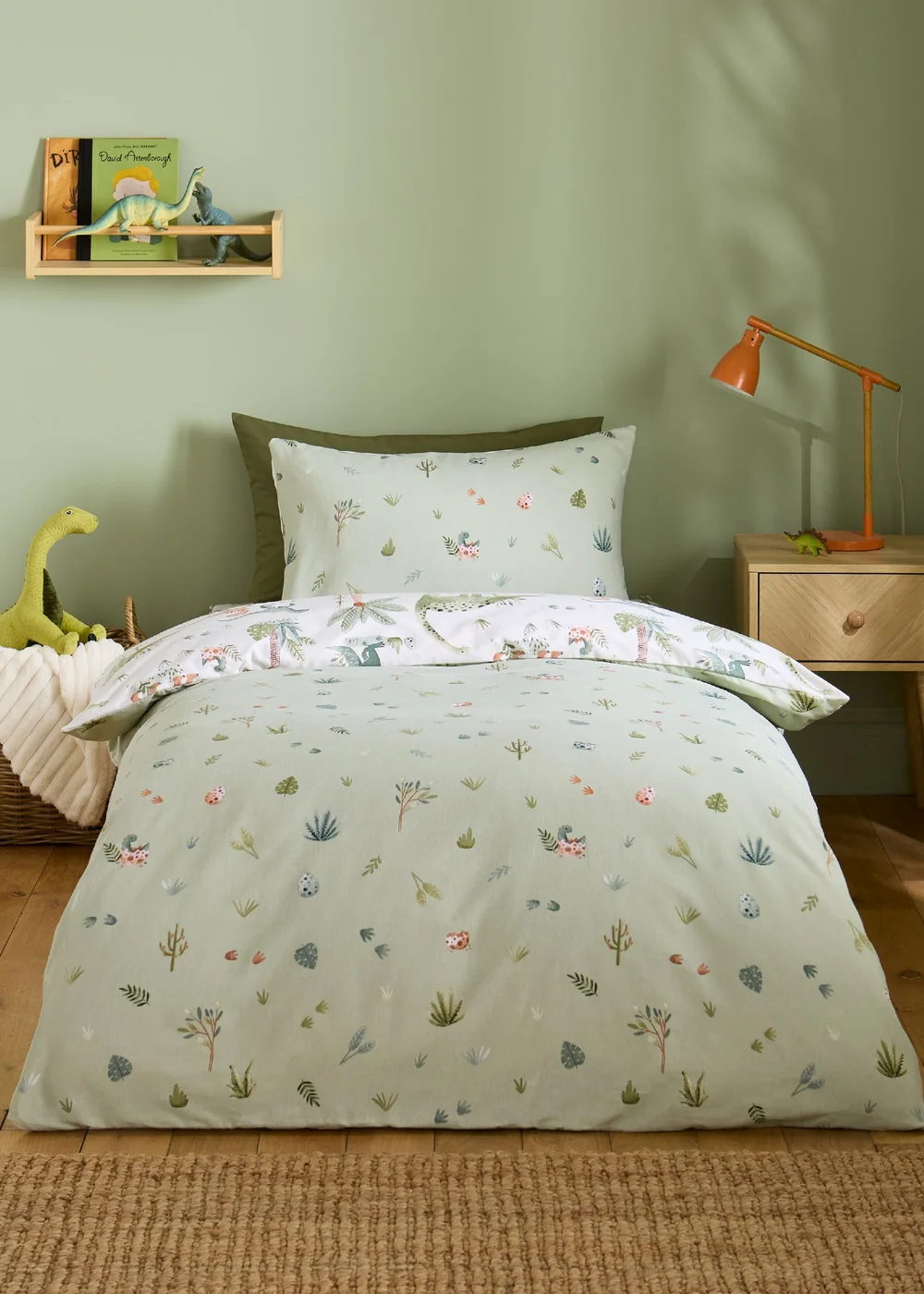 Catherine Lansfield Brushed Sleepy Saurus Dino Cotton Reversible Duvet Cover Set Cream - Junior Image 2