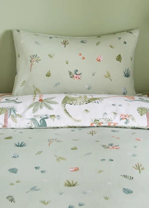 Catherine Lansfield Brushed Sleepy Saurus Dino Cotton Reversible Duvet Cover Set Cream - Junior Image 4