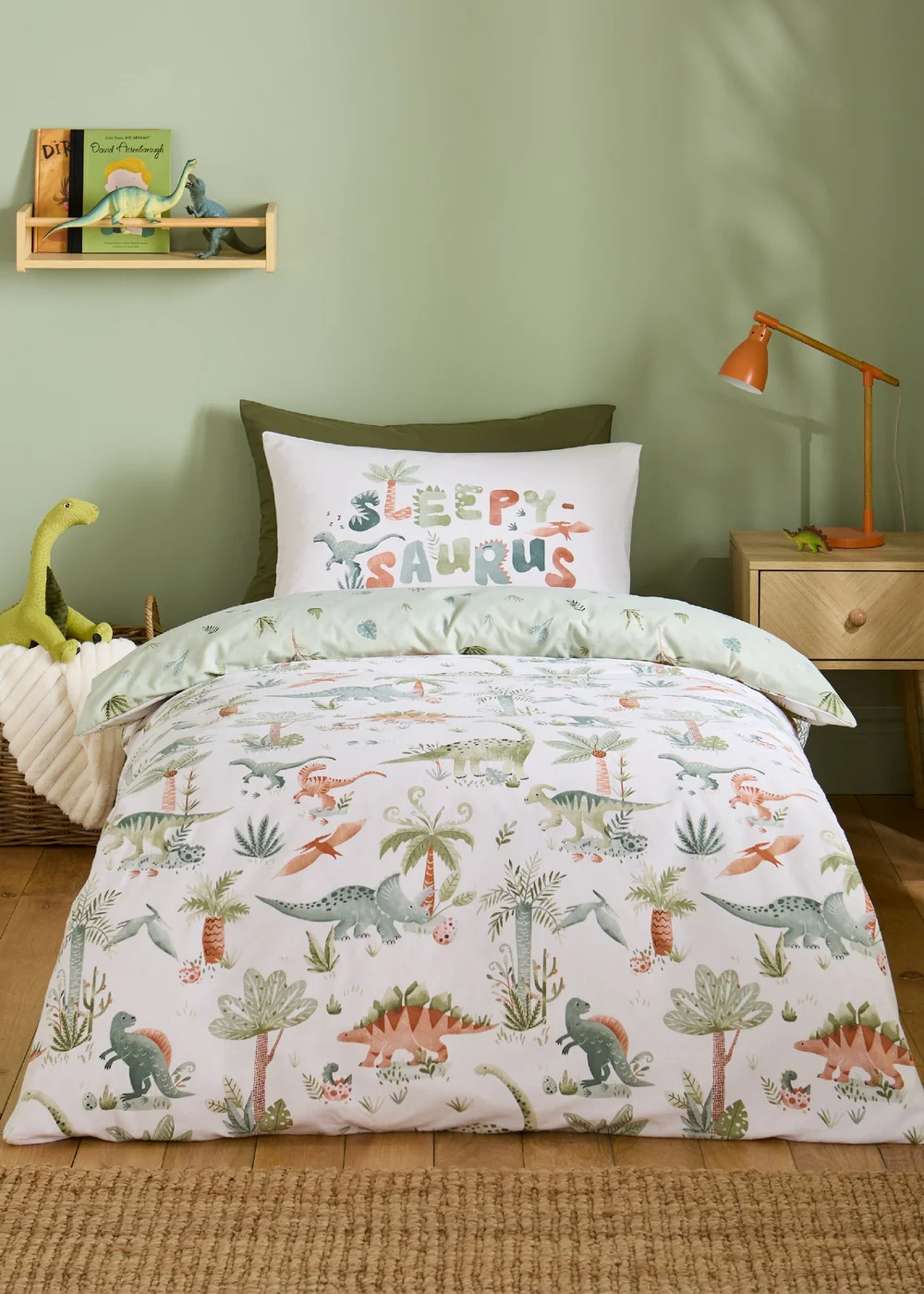 Catherine Lansfield Brushed Sleepy Saurus Dino Cotton Reversible Duvet Cover Set Cream - Junior Image 1