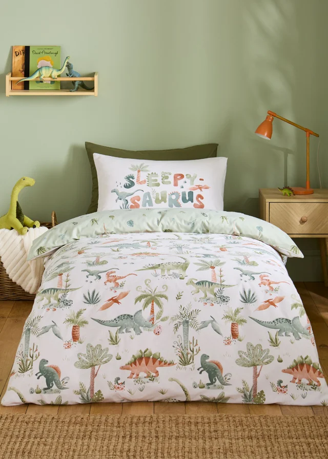 Catherine Lansfield Brushed Sleepy Saurus Dino Cotton Reversible Duvet Cover Set Cream