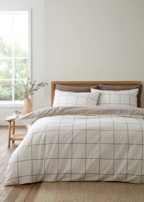 Bianca Fine Linens Brushed Regal Check Cotton Reversible Duvet Cover Set Mole - Single Image 1