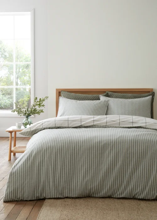 Bianca Fine Linens Brushed Regal Check Cotton Reversible Duvet Cover Set Green - Single Image 2