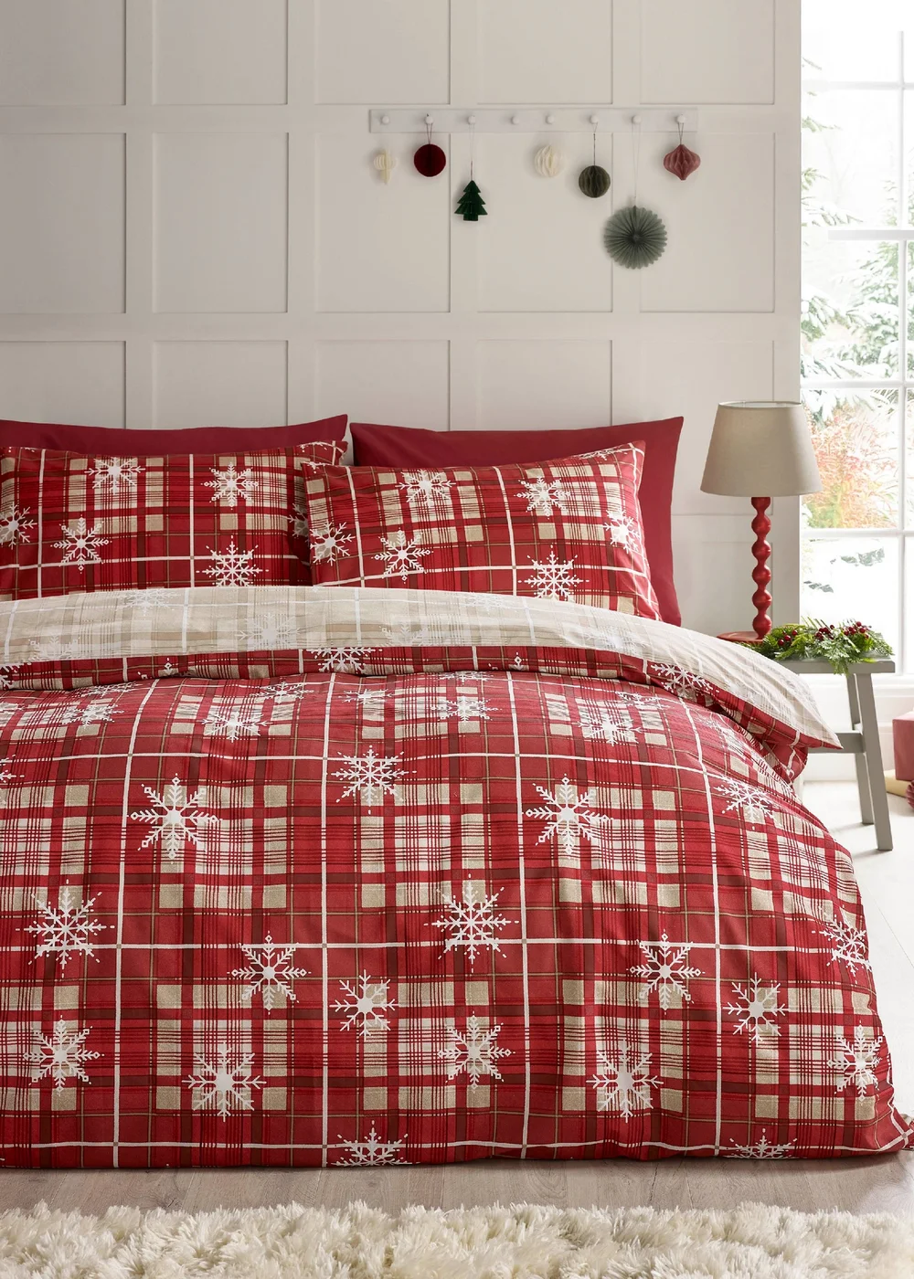 Catherine Lansfield Christmas Scandi Check Reversible Duvet Cover Set Red - Single Image 1