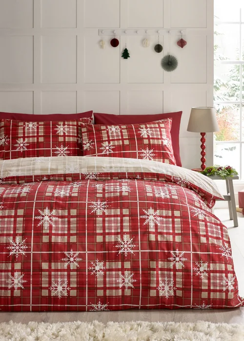 Catherine Lansfield Christmas Scandi Check Reversible Duvet Cover Set Red - Single Image 1