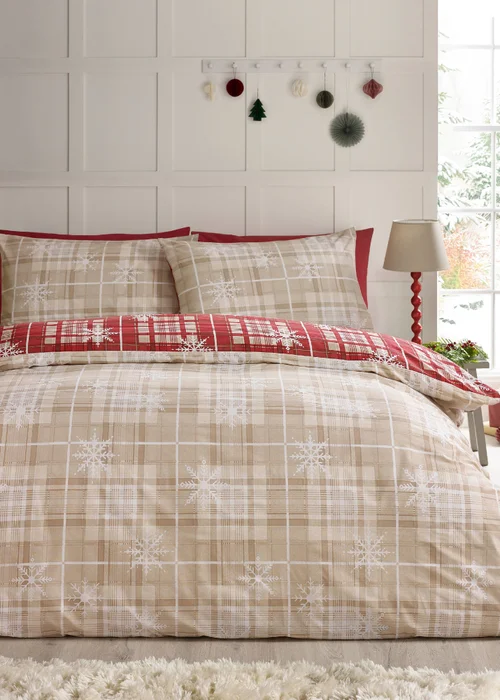 Catherine Lansfield Christmas Scandi Check Reversible Duvet Cover Set Red - Single Image 2
