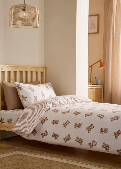 Catherine Lansfield Brushed Teddy Bear Cotton Reversible Duvet Cover Set Cream - Junior Image 1