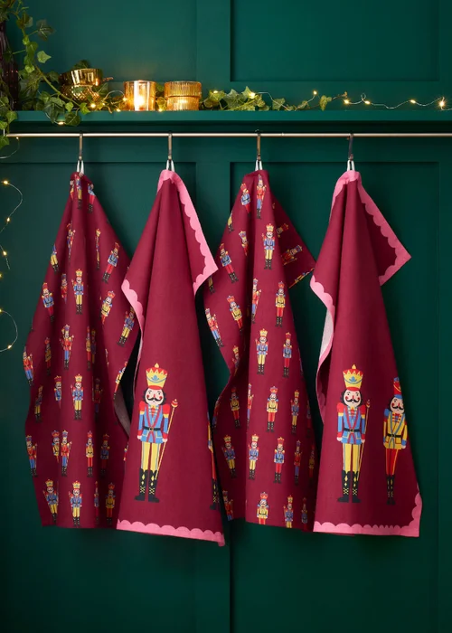 Catherine Lansfield Christmas Nutcracker Cotton 50x70cm Kitchen Tea Towel Pack of 4 Plum - One Size Image 2