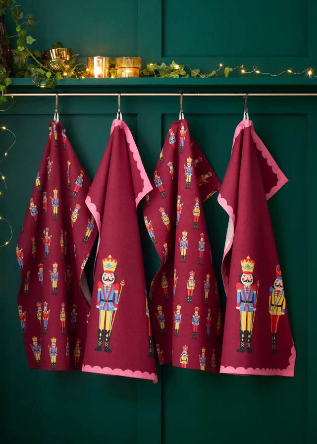 Catherine Lansfield Christmas Nutcracker Cotton 50x70cm Kitchen Tea Towel Pack of 4 Plum