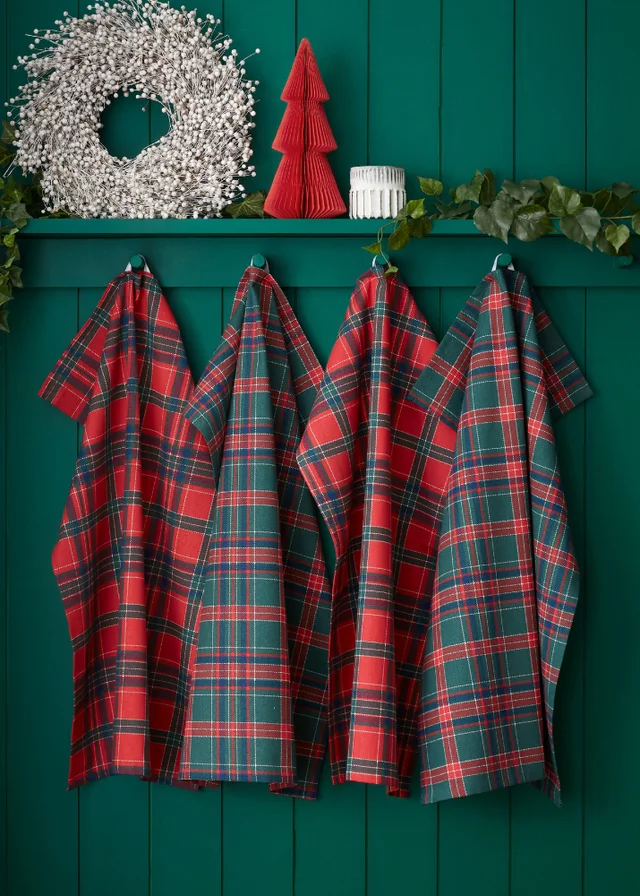Catherine Lansfield Christmas Tartan Check 50x70cm Kitchen Tea Towel Pack of 4 Red / Green