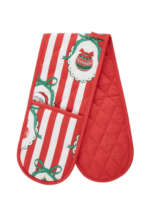 Catherine Lansfield Christmas Vintage Stripe Cotton Kitchen Double Oven Glove Red - One Size Image 1