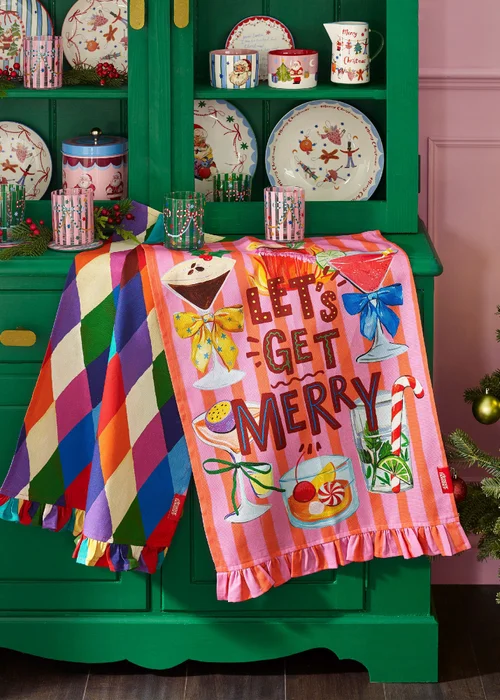 Eleanor Bowmer Let's Get Merry Cotton 50x70cm Kitchen Tea Towel Pack of 2 Bright - One Size Image 2