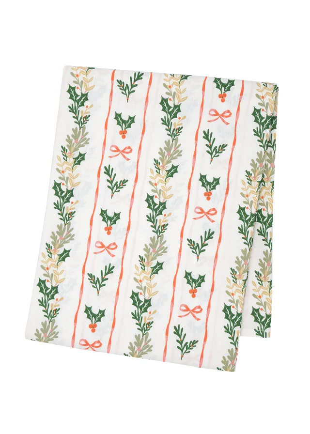 Catherine Lansfield Christmas Holly Stripe Cotton 137x178cm Table Cloth Cream / Red