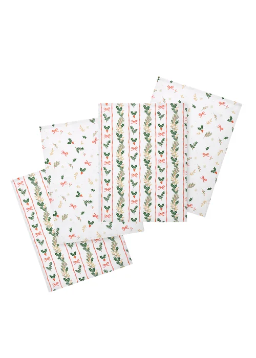 Catherine Lansfield Christmas Holly Stripe Cotton 50x70cm Kitchen Tea Towel Pack of 4 Cream / Red - One Size Image 1