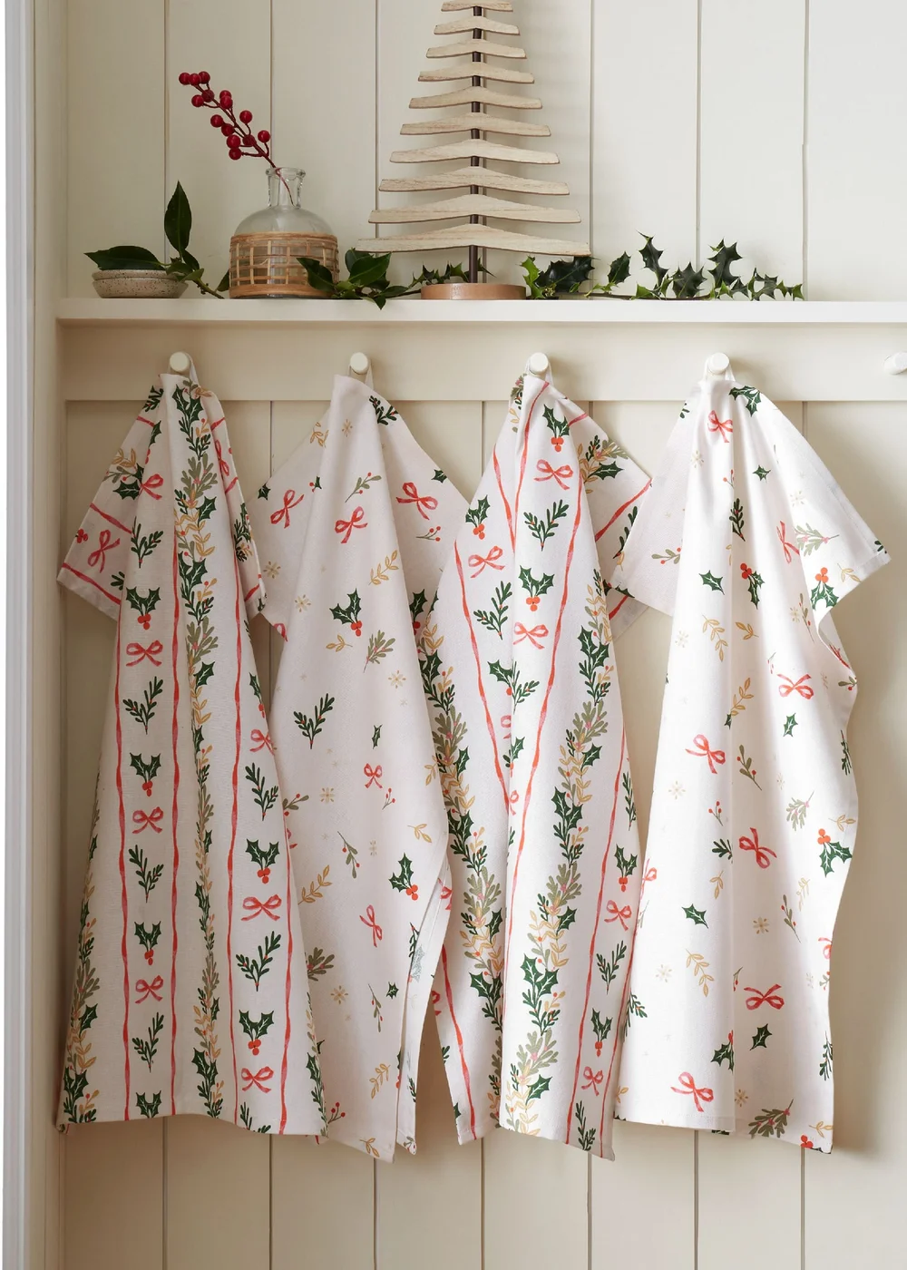 Catherine Lansfield Christmas Holly Stripe Cotton 50x70cm Kitchen Tea Towel Pack of 4 Cream / Red - One Size Image 2
