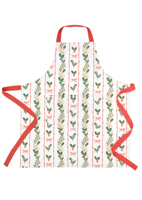 Catherine Lansfield Christmas Holly Stripe Cotton 70x80cm Kitchen Adult Apron Cream / Red - One Size Image 1