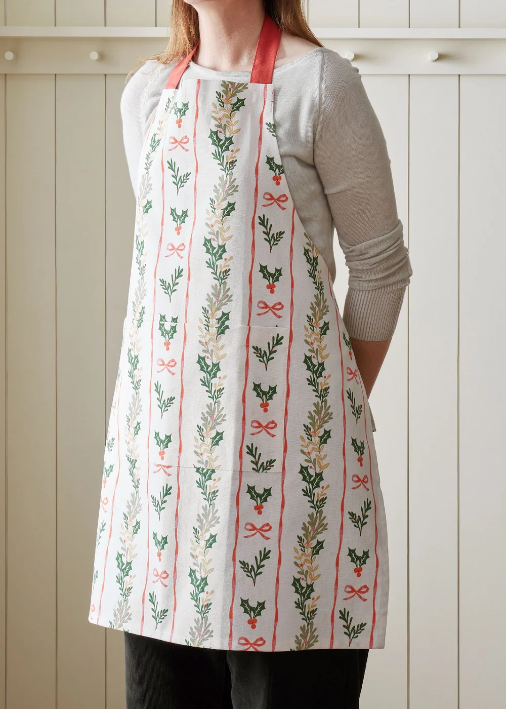 Catherine Lansfield Christmas Holly Stripe Cotton 70x80cm Kitchen Adult Apron Cream / Red - One Size Image 2