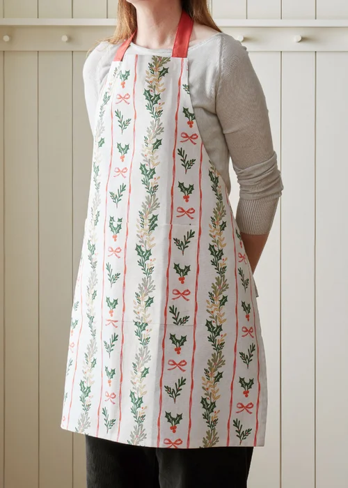Catherine Lansfield Christmas Holly Stripe Cotton 70x80cm Kitchen Adult Apron Cream / Red - One Size Image 2