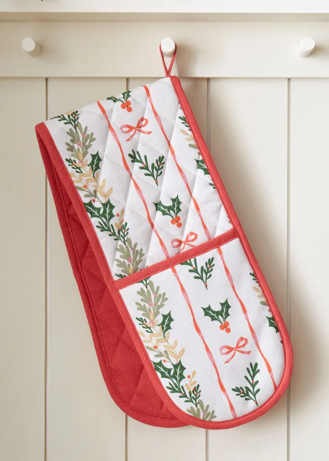 Catherine Lansfield Christmas Holly Stripe Cotton Kitchen Double Oven Glove Cream / Red