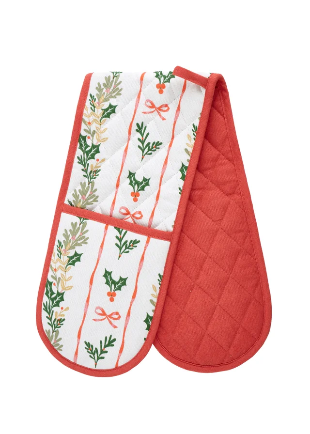 Catherine Lansfield Christmas Holly Stripe Cotton Kitchen Double Oven Glove Cream / Red