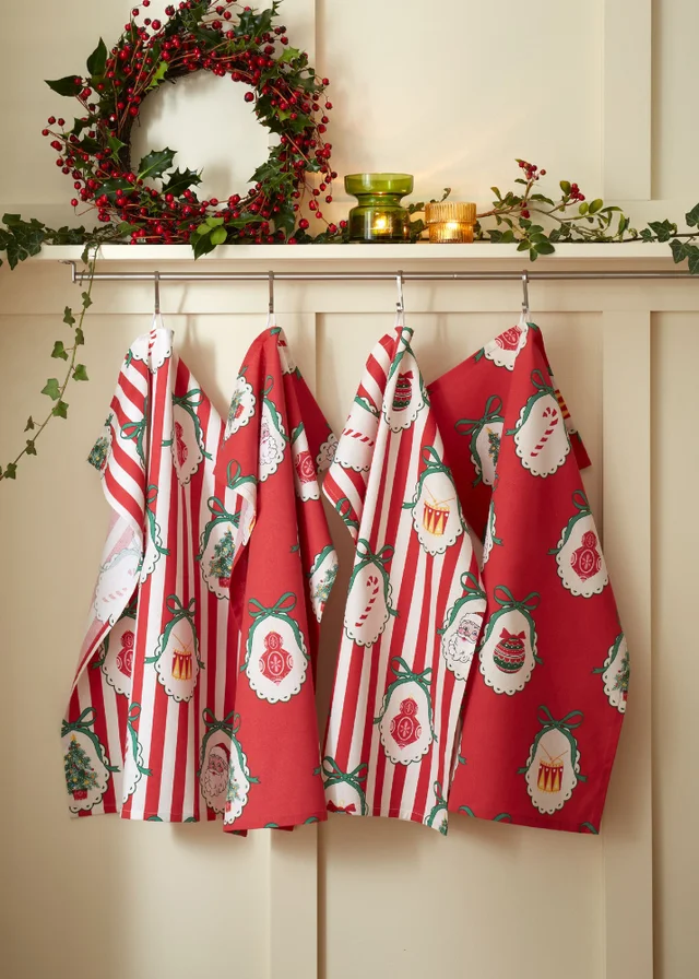 Catherine Lansfield Christmas Vintage Stripe Cotton 50x70cm Kitchen Tea Towel Pack of 4 Red