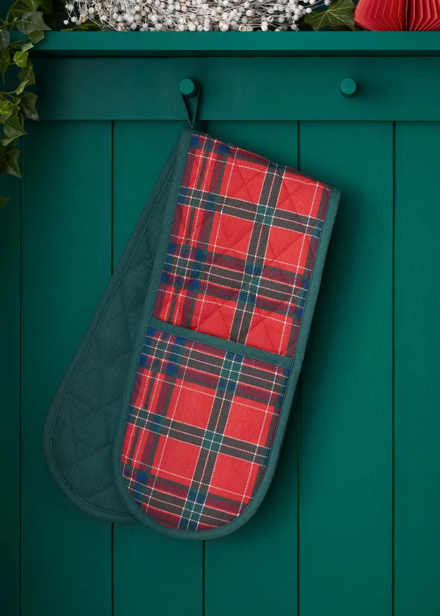Catherine Lansfield Christmas Tartan Check Cotton Kitchen Double Oven Glove Red / Green