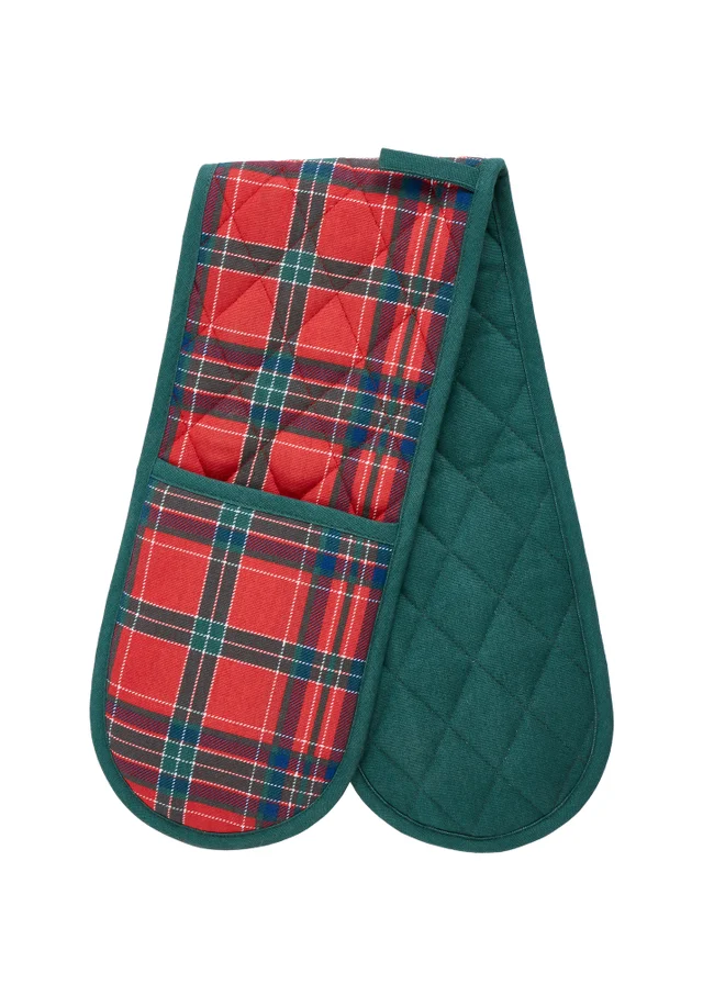 Catherine Lansfield Christmas Tartan Check Cotton Kitchen Double Oven Glove Red / Green