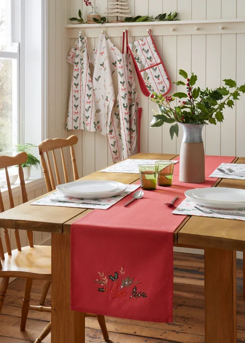 Catherine Lansfield Christmas Holly Stripe Cotton 32x220cm Dining Table Runner Cream / Red - One Size Image 2