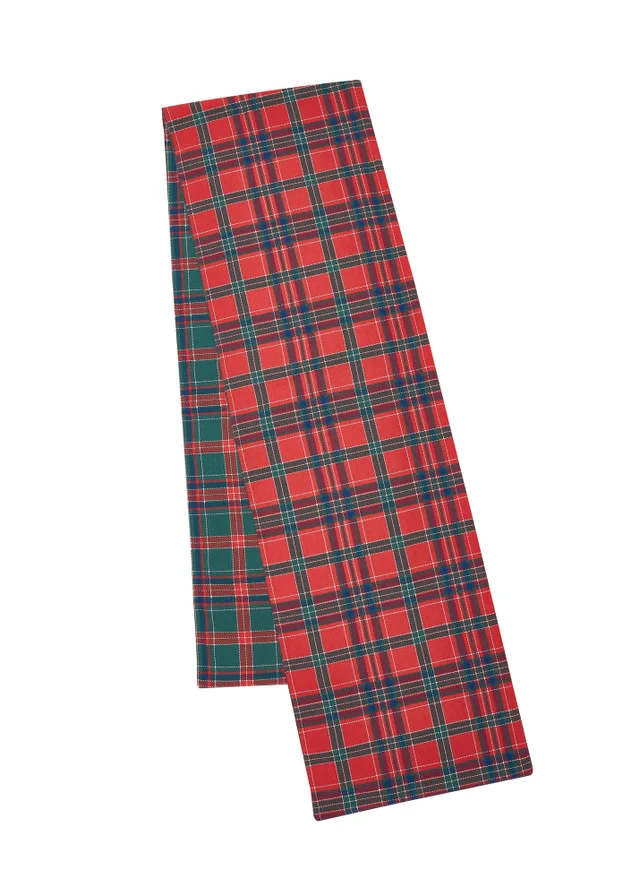 Catherine Lansfield Christmas Tartan Check Cotton Reversible 32x220cm Dining Table Runner Red / Green