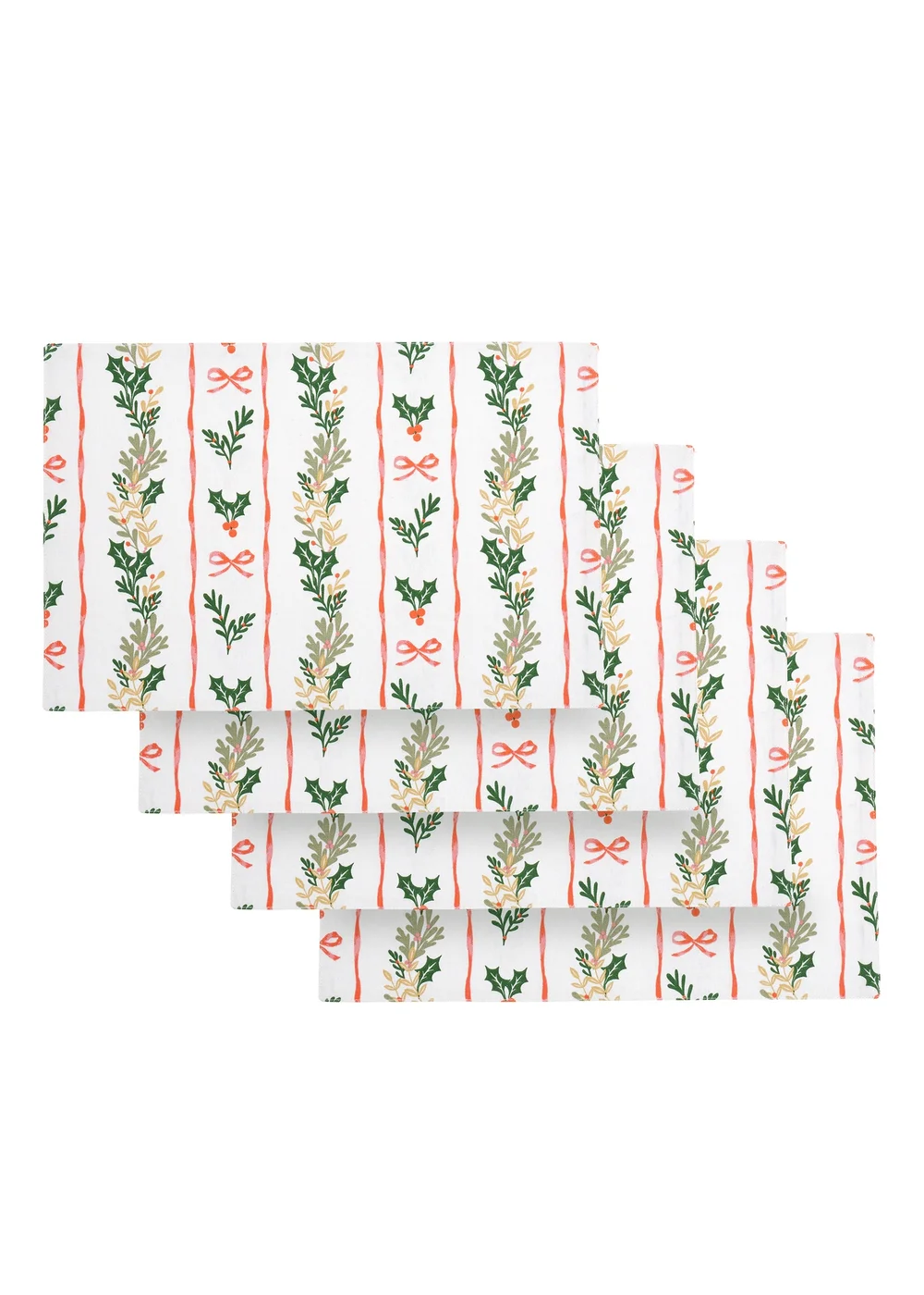 Catherine Lansfield Christmas Holly Stripe Cotton 30x46cm Dining Placemat 4 Pack Cream / Red - One Size Image 1