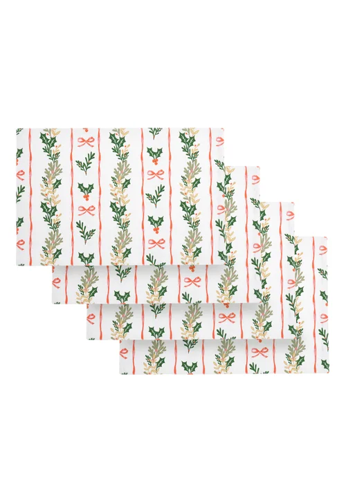 Catherine Lansfield Christmas Holly Stripe Cotton 30x46cm Dining Placemat 4 Pack Cream / Red - One Size Image 1