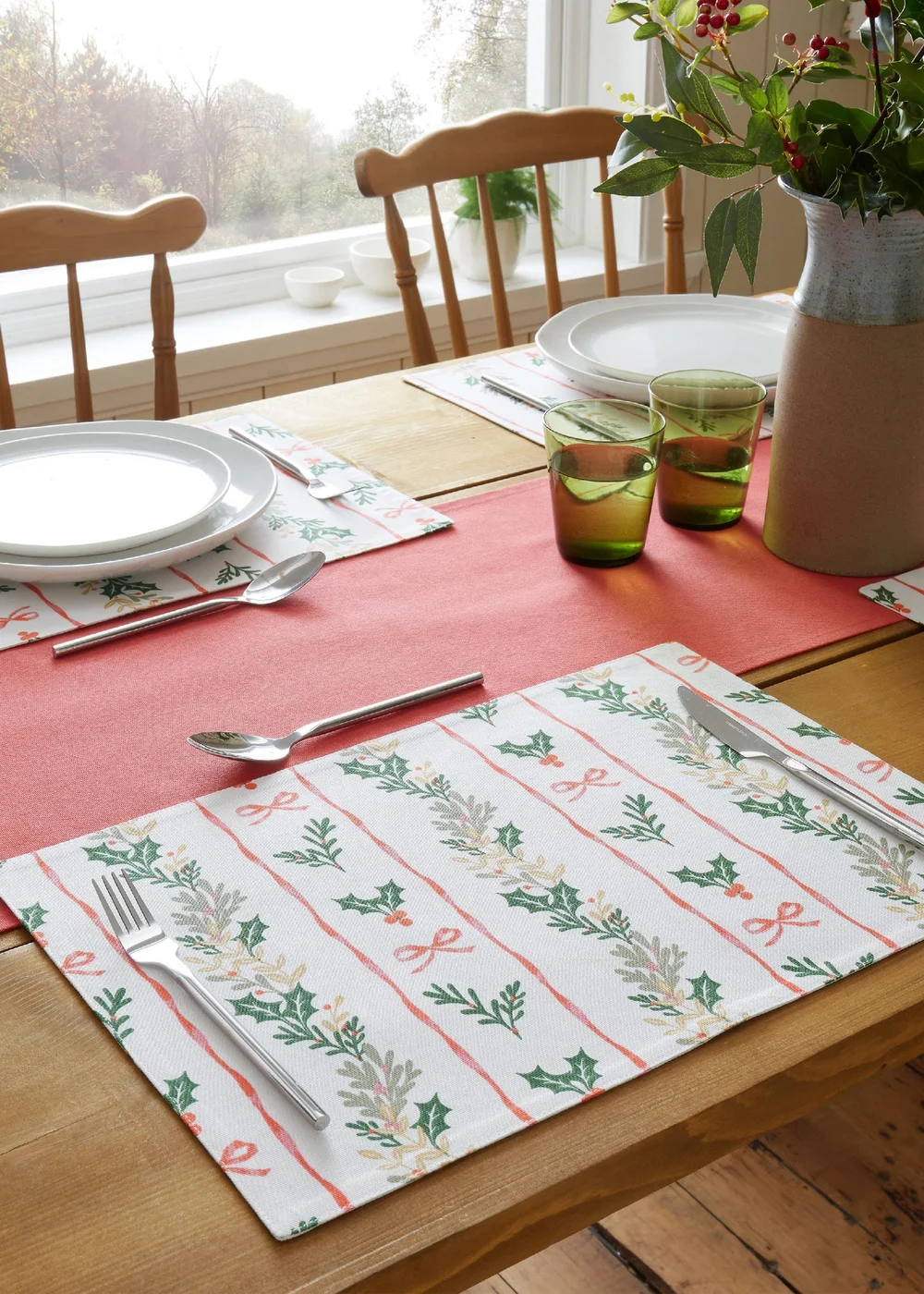 Catherine Lansfield Christmas Holly Stripe Cotton 30x46cm Dining Placemat 4 Pack Cream / Red - One Size Image 2