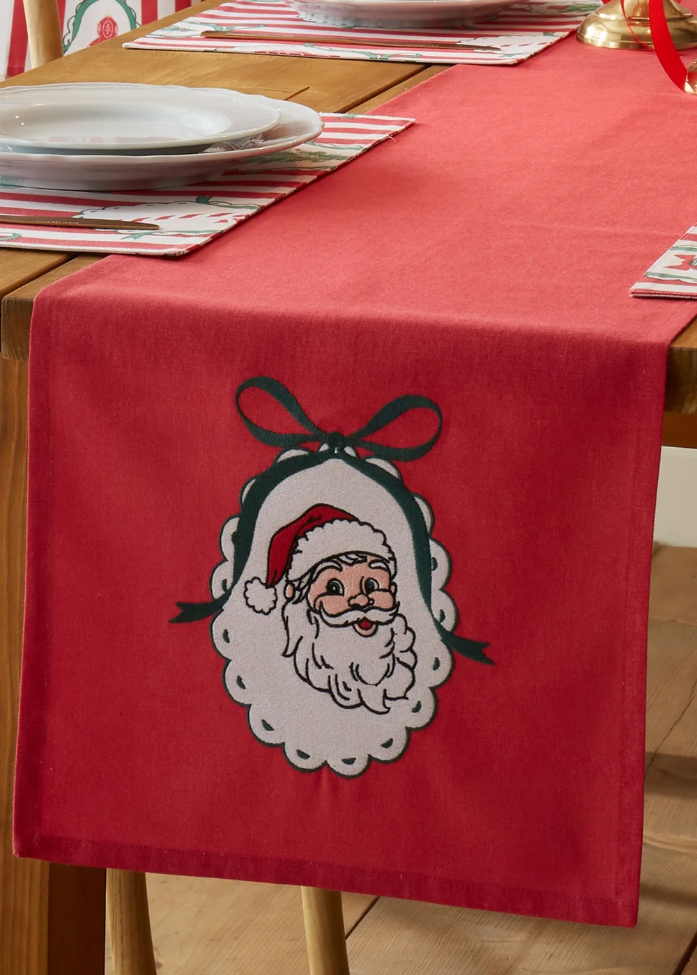 Catherine Lansfield Christmas Vintage Stripe Embroidered Cotton 32x220cm Dining Table Runner Red - One Size Image 3