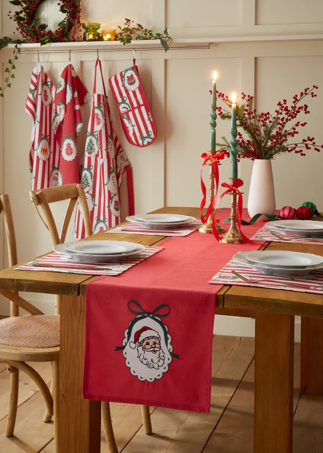Catherine Lansfield Christmas Vintage Stripe Embroidered Cotton 32x220cm Dining Table Runner Red
