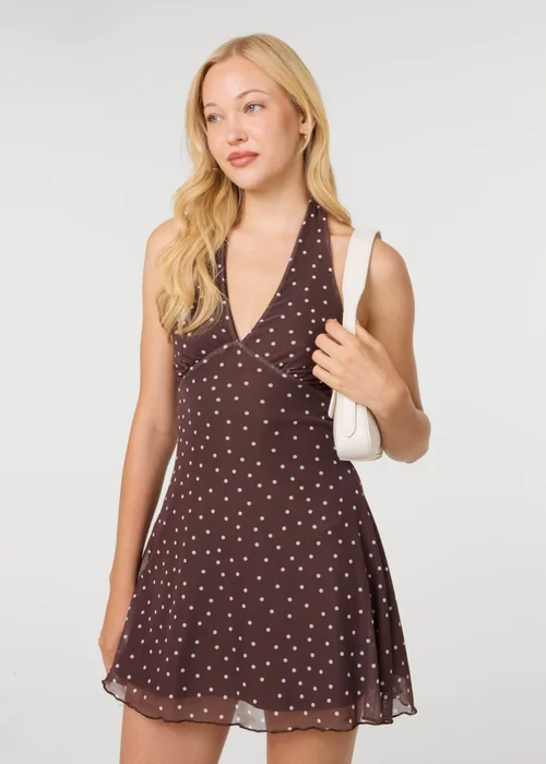 Pink Vanilla Brown Polka Dot Halter Mini Dress - L Image 2