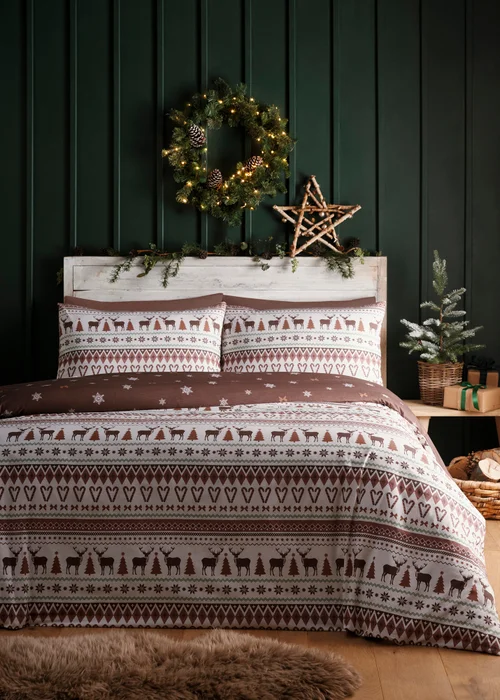 Fusion Christmas Fairisle Reversible Natural Duvet Cover Set - Single Image 1