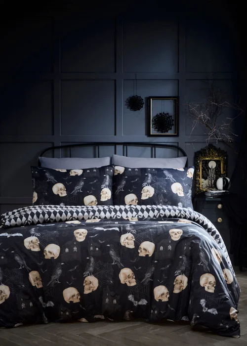 Fusion Gothic Skulls Digitally Printed Black Duvet Cover Set - Single Image 1