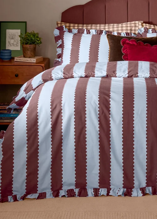 Wylder Nature Birdie Stripe King Ruffle Duvet Set Blue/Chocolate - Single Image 2