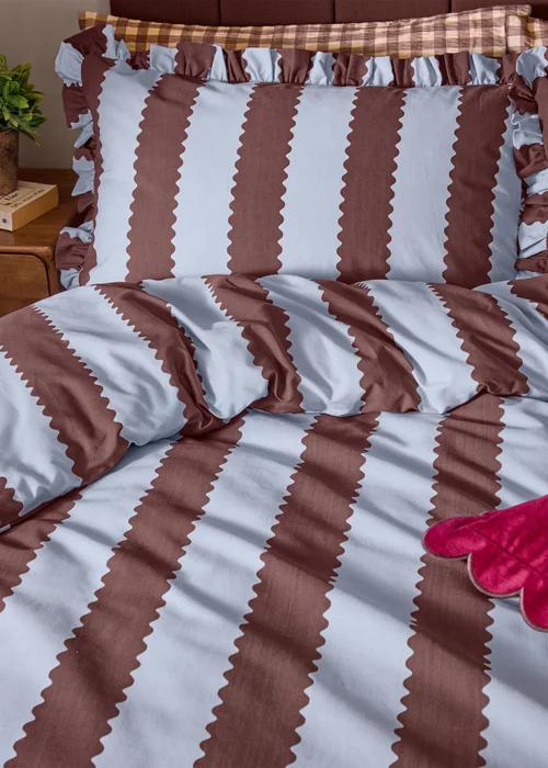 Wylder Nature Birdie Stripe King Ruffle Duvet Set Blue/Chocolate - Single Image 1