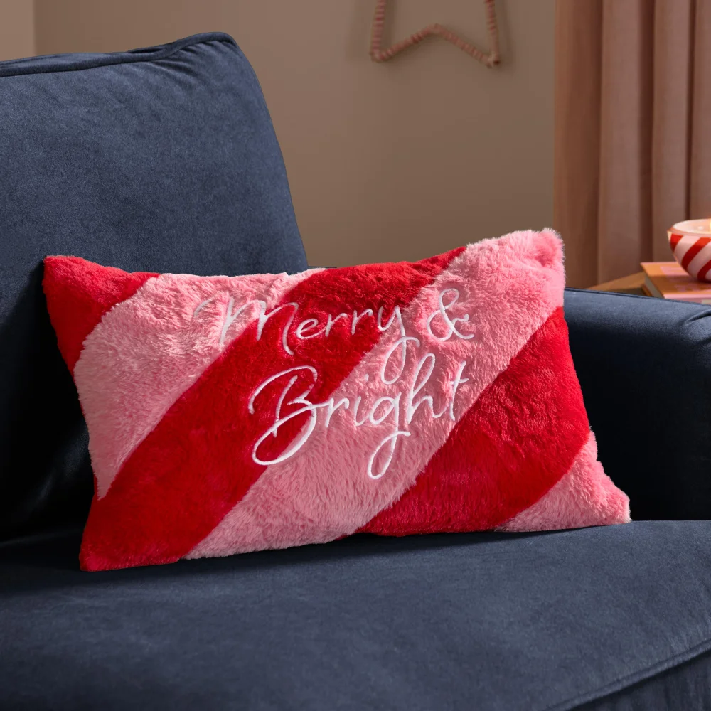 Furn Merry & Bright 30x50 Faux Fur Stripe Cushion Red/Pink - 30 x 50cm Image 1