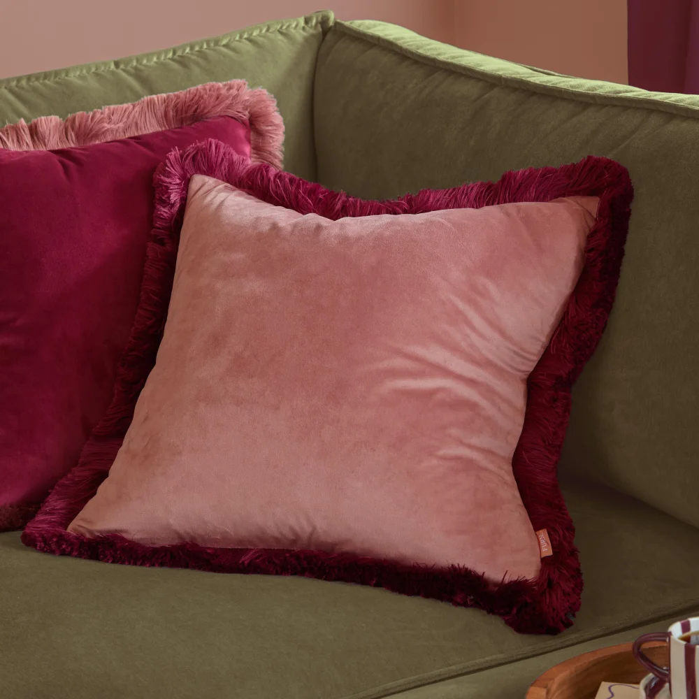Furn Halo Fringed Velvet 50x50 Cushion Slipper/Burgundy - 50cm x 50cm Image 1