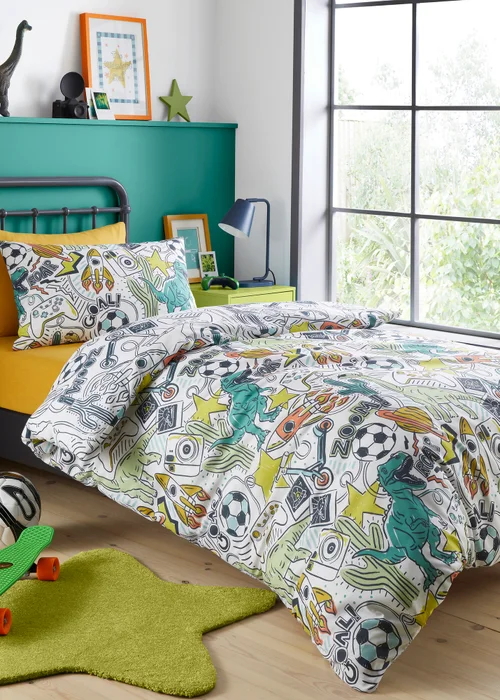 Bedlam Doodle Zoom Kids Reversible Multi Colour Duvet Cover Set - Single Image 1